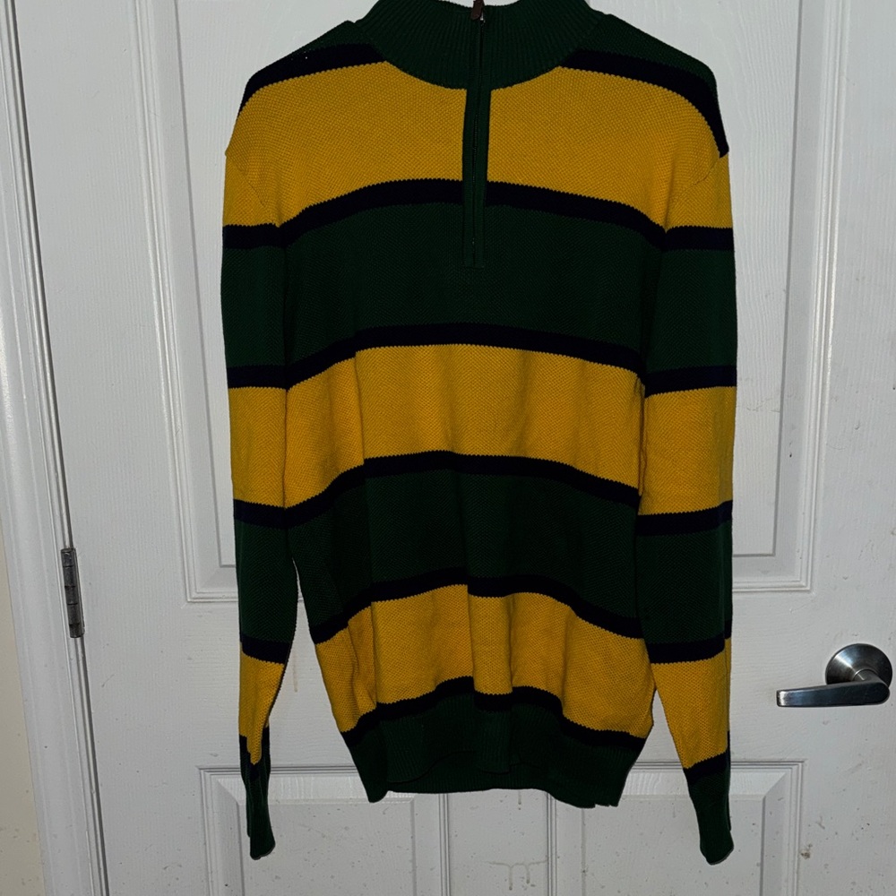 Club Room Men's Green and Yellow Striped Quarter Zip Sweater